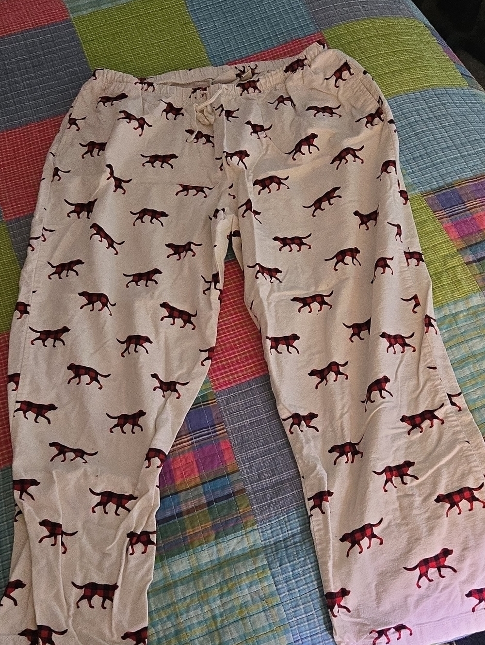 L.L. Bean Cream Pajama Pants with Red Plaid Dog Print